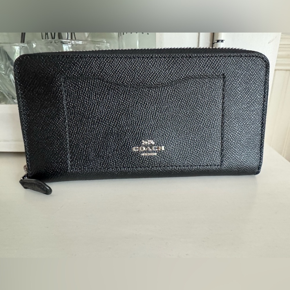 Coach Signature Accordion Zip Wallet in black, silver hardware
